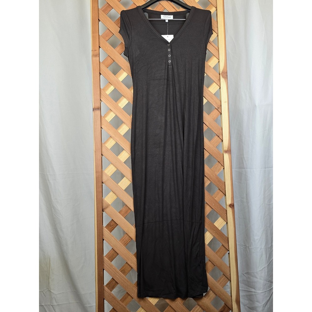 Motherhood Maternity Maxi Dress Women XS Brown Henley Ribbed Short Sleeve - New